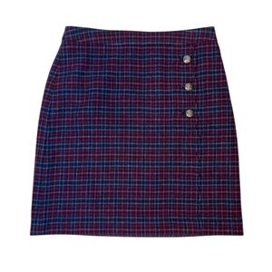 Talbots Wool Blend Plaid Skirt Women’s Size 6 Red Blue Black Silver Crest Button
